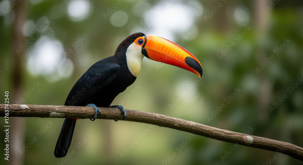 Fototapeta premium A colorful toucan perched on a branch, showcasing its vibrant orange beak against a blurred green forest backdrop.
