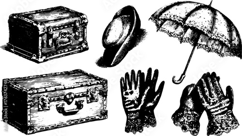 Vintage trunk, umbrella, hat, and gloves set illustrated in black detail. Classic vector illustration showcasing travel accessories.