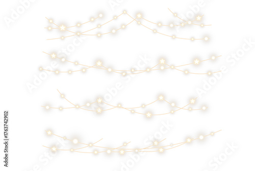 Festive Christmas light gold garlands PNG. Decor element for postcards, invitations, backgrounds, business cards. Winter new collection 2023. Christmas background. Powder dust light PNG.