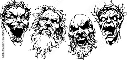 Antique engraving set of expressive characters: yelling men with detailed beards. Black line drawing vector illustration suitable for vintage-inspired designs.