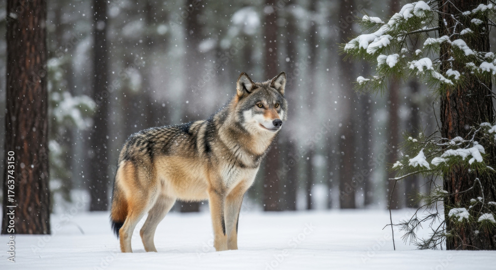 Naklejka premium A wolf stands alert in a snowy forest, looking to the right, with snow falling and trees visible in the background.