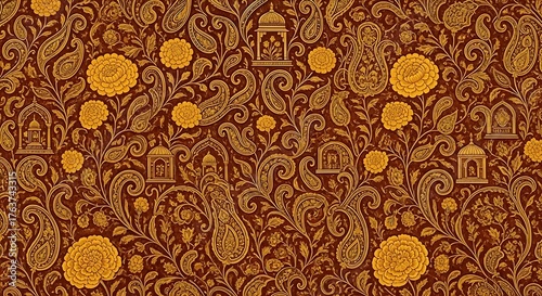 Elegant Golden Paisley Flower Dome Pattern Background Evokes Luxury and Opulence