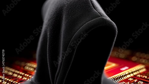 Hacker hooded jacket figure stands over glowing red circuit board symbolizing cybercrime data breach and intense hacking threat