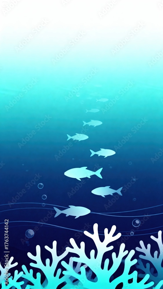 Fototapeta premium Under the Sea, School of Fish Swimming Above Light Coral in Clear, Blue Ocean Water