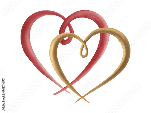Intertwined metallic hearts formed by flowing ribbons, symbolizing eternal love and connection isolated on transparent background.