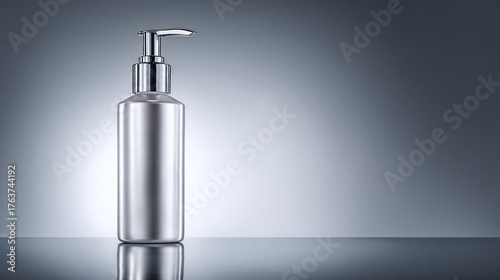 Sleek metallic dispensing bottle stands in a  setting with soft gradient lighting