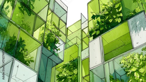 Modern architectural facade incorporates vibrant green plant life within glass modules