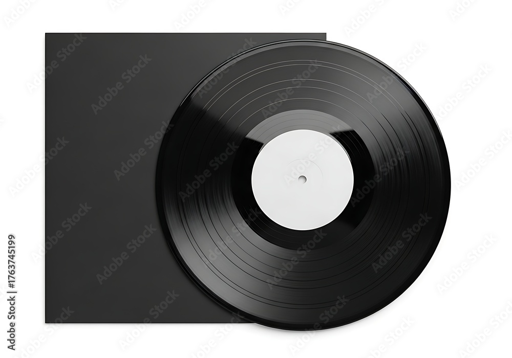 Obraz premium Close-up, top-down shot of a black LP with a white label, half out of its cardboard jacket.