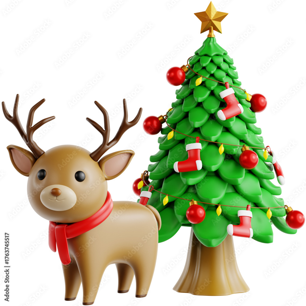 Naklejka premium Festive 3D Rendering of a Reindeer and Christmas Tree A Whimsical Holiday Illustration for Seasonal Decorations and Celebrations. Decorated Tree with Nutcracker Toy