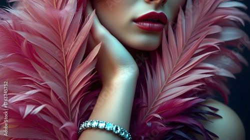 Close-up portrait, exotic woman adorned with pink and beige feathers, diamond bracelet, rich burgundy and deep blue, soft cinematic haze, soft contrast, soft saturation.