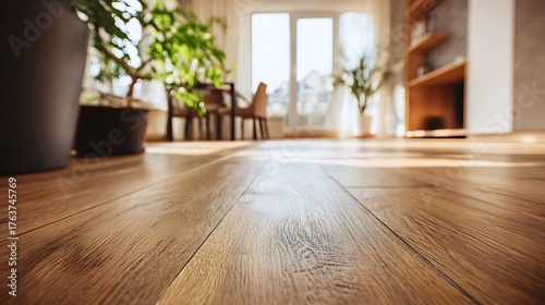 High quality image of close up of wooden floor in living room with plants and blurred background.