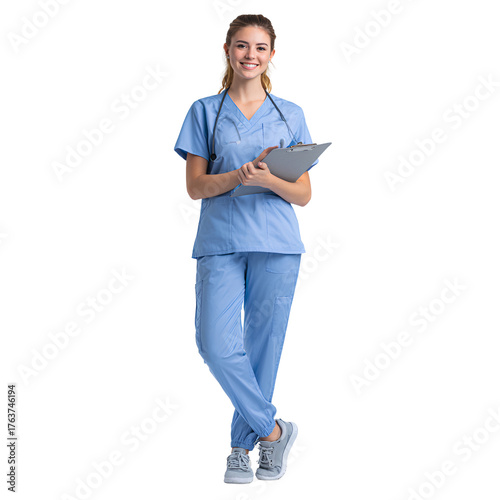 Young Female Doctor in Blue Medical Uniform Holding Clipboard and Smiling, Front View, Isolated on Transparent Background.