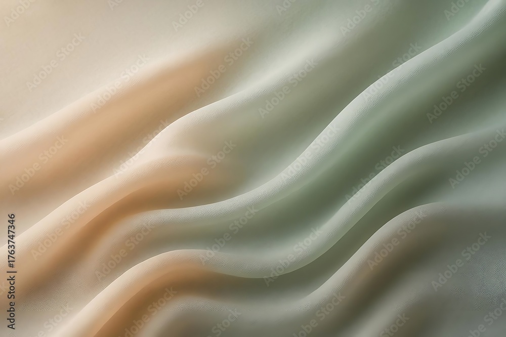 Obraz premium Soft flowing silk fabric in pastel peach and mint, backlit to reveal gentle curves and shadow gradients; abstract minimalism with delicate texture, high-resolution fine-art editorial quality
