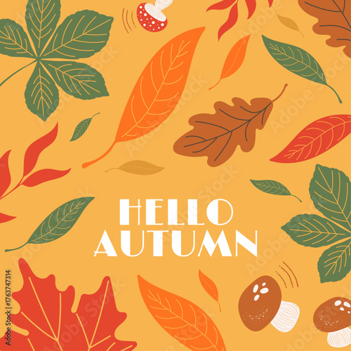 Abstract Autumn cover, postcard with bright beautiful leaves and mushrooms. Autumn background, advertising banner or flyer. template for advertising, the Internet, social networks, and print