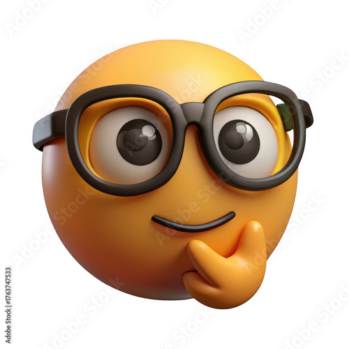 3d nerdy emoji with glasses thinking pose isolated on transparent background