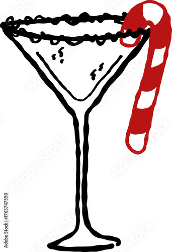 Hand Drawn Champagne, Wine Glass with Candy Cane