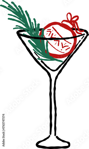 Hand Drawn Champagne, Wine Glass with Ornament,