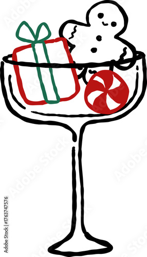 Hand Drawn Champagne, Wine Glass with Ornament,