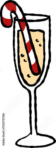 Hand Drawn Champagne, Wine Glass with Candy Cane