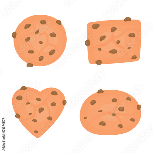 A set of chocolate cookies on a white background. Cookies of various shapes. Heart-shaped cookies.