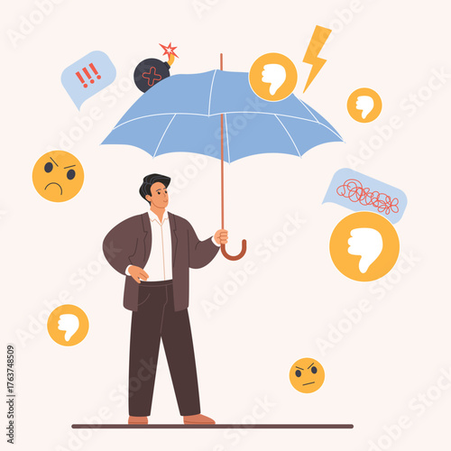 Bad feedback pressure, protection in conflict. Tiny man holding umbrella to protect against flow of thumbs down and angry emoji, bomb and exclamation marks of criticism cartoon vector illustration