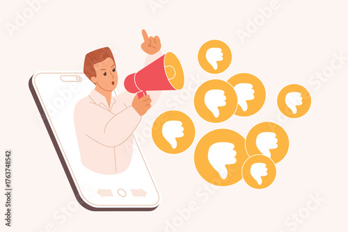 Failure of reputation strategy, negative feedback and hate. Hater and influencer on big smartphone screen holding megaphone to vote thumbs down for product or service cartoon vector illustration