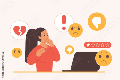 Cyber bullying, haters of blog with dislike, negative message and trolling. Tiny unhappy blogger with stress and broken heart looking at thumbs down and sad faces in SMS cartoon vector illustration