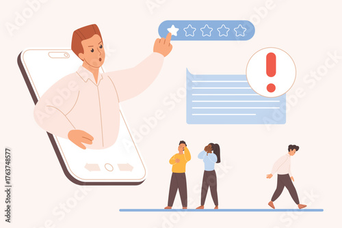 Ruined brand or blog reputation, bad online feedback of customer, follower. Hater on big smartphone screen giving one star rating, tiny people check negative comment cartoon vector illustration