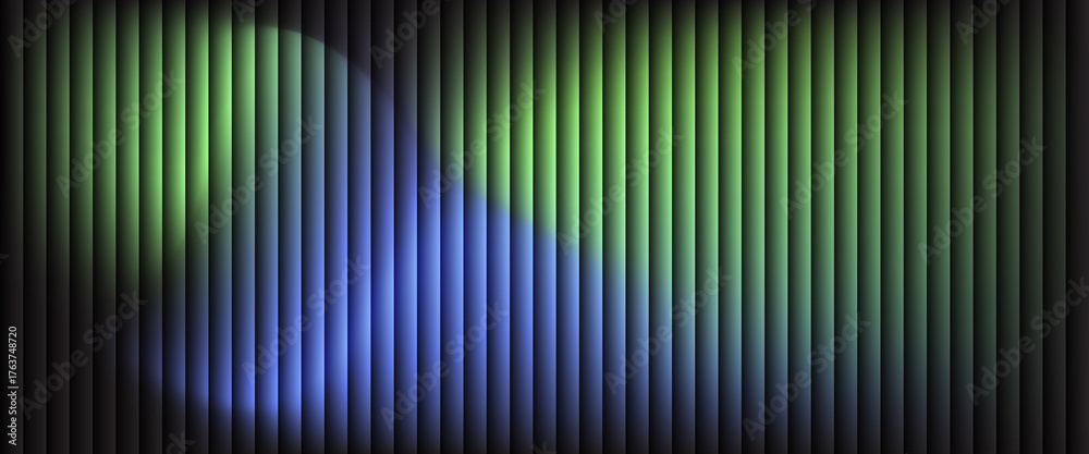 Fototapeta premium Abstract glowing blue and green gradient light behind vertical black lines. Futuristic digital texture with neon colors and dark background. Perfect for modern design, tech, or visual art projects.