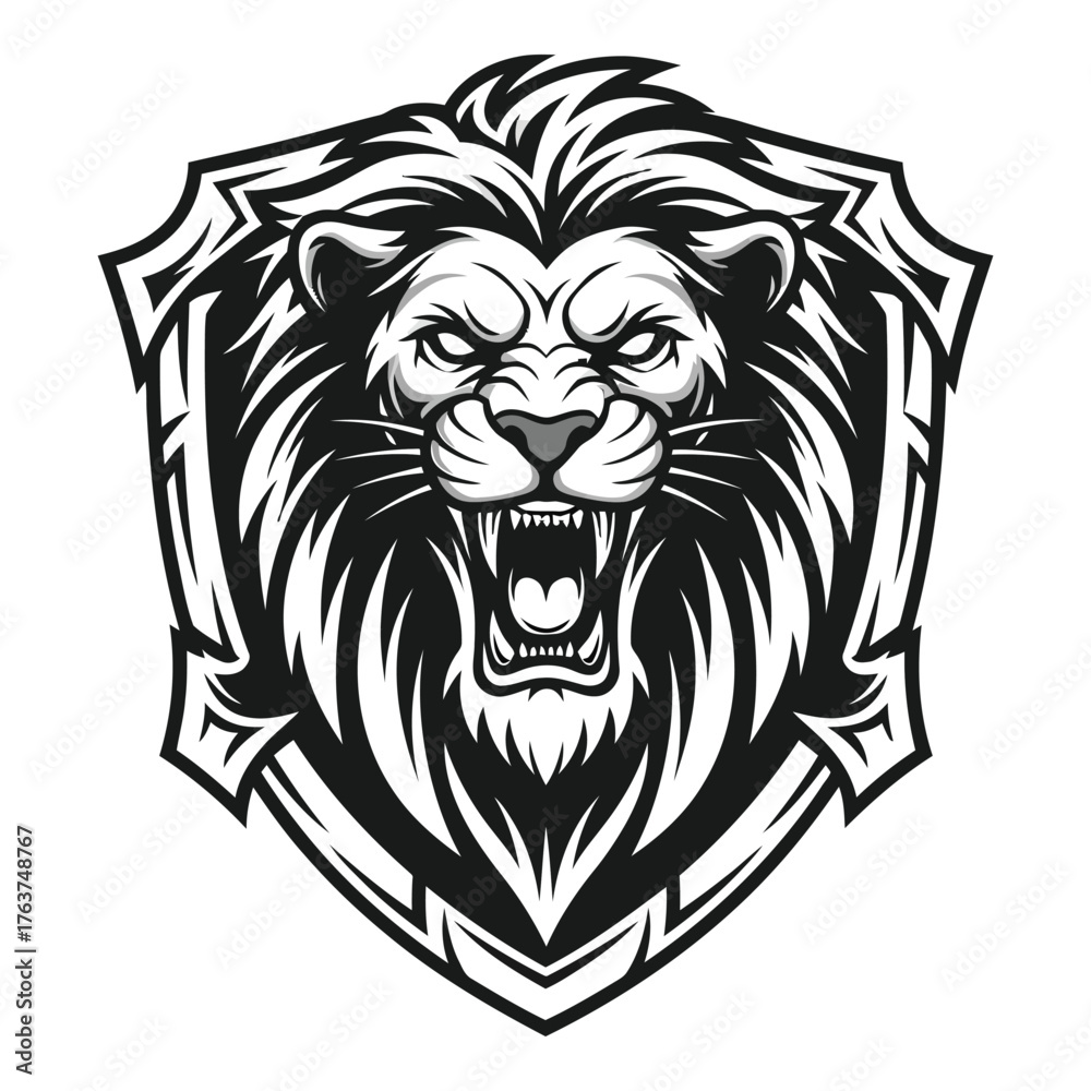 Obraz premium Roaring lion emblem symbolizes power, courage, and fierce leadership for brands and teams seeking a bold, modern identity