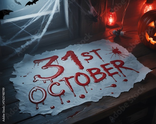 Bloody “31st October” text on torn paper with lanterns, spiders, and pumpkins creating a dark spooky Halloween vibe.