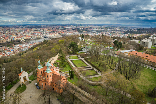 Prague, Czech republic - March 31, 2023. Panoramic view of lookout tower Petrin