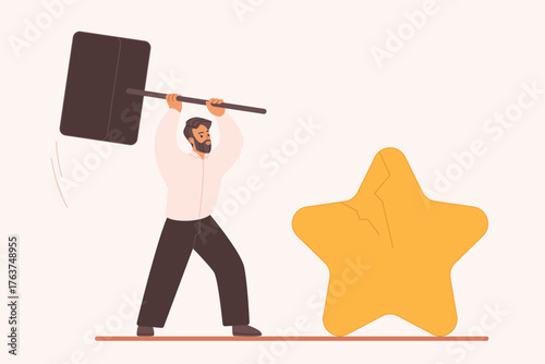 Bad review, online negative feedback of angry customer to ruin reputation of brand, product or service. Tiny man client with hammer and loyalty problem breaking rating star cartoon vector illustration