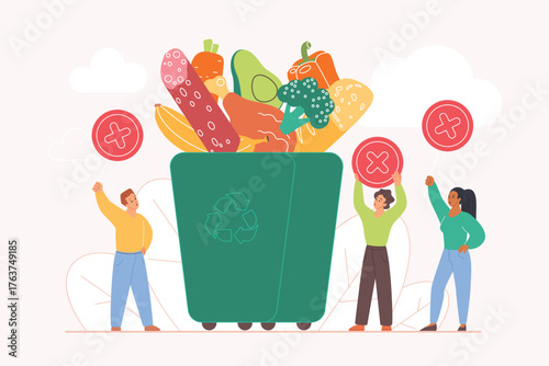 Protest against food waste and overconsumption struggle to reduce environment pollution. Tiny people holding red cross sign to stop wasting food and grocery products cartoon vector illustration