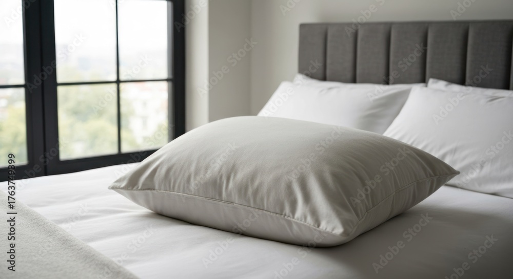 Obraz premium Soft pillow atop crisp white bedding by a bright window, cozy interior