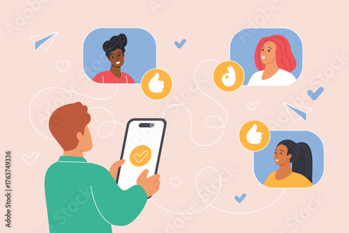 Invite friend referral marketing, program to share online gift, feedback and news, messages. Tiny man holding smartphone with affiliate users and gestures of approval cartoon vector illustration