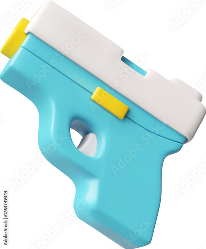 Handgun 3D cartoon plastic style, game weapon blaster toy, vector render yellow blue design firearm, kids revolver gun