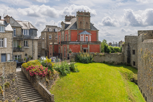 Cityscape with city wall surrounding the old town of Dinan in Cotes-d'Armor, Brittany, France
