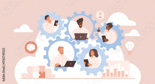 Illustration of a diverse team collaborating within interconnected gears. Symbolizing teamwork, communication, and the synergy of skills for productivity and innovation in a professional environment.