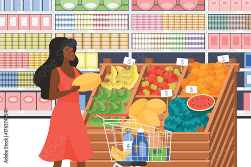Buying grocery products in supermarket. Young woman consumer holding fresh melon to buy, girl buyer standing at vegetable and fruit rack with shopping cart full of food cartoon vector illustration