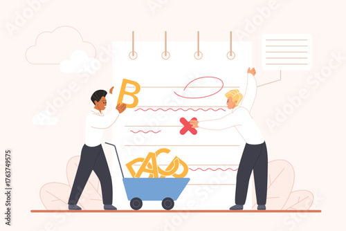 Correct grammar mistakes and spelling, editing text process in proofreading service. Tiny people improve paper document, replace letters to edit incorrect content cartoon vector illustration