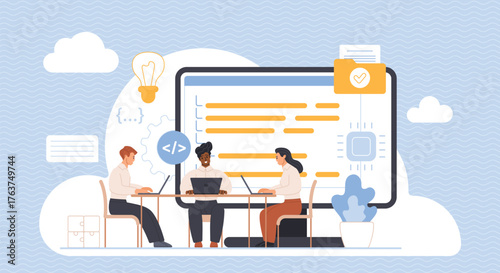 A diverse team of software developers is working collaboratively on a project. A large screen displays code, design elements, and files, symbolizing teamwork, innovation, and development.