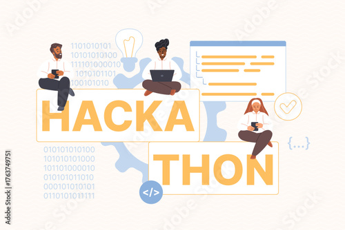 Hackathon infographic banner or poster. Tiny team of programmers, web developers, designers working on software project, people sitting on yellow letters of Hackathon word cartoon vector illustration