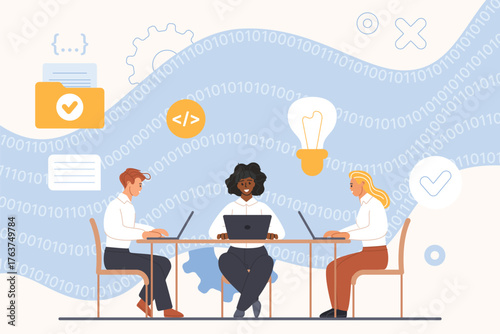 Hackathon, marathon of collaboration in software development by different specialists. Tiny programmers, web developers, designers working at table on project together cartoon vector illustration