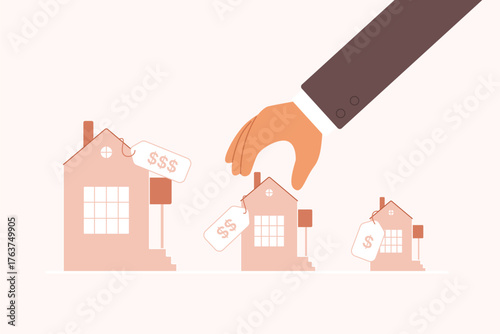 Choice of affordable real estate by price, investment to buy and rent, mortgage. Big hand trying to pick up home, choose between houses of different sizes and prices cartoon vector illustration