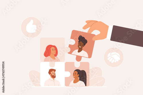 Concept vector illustration of a diverse team coming together. A hand places a puzzle piece with a person portrait into a larger puzzle of diverse individuals symbolizes collaboration and teamwork.