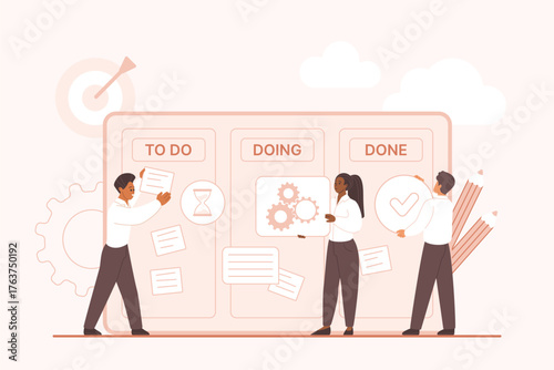 Review of work cycle and project development process on Kanban board, task management method. Tiny people brainstorming to plan teamwork, post notes on whiteboard cartoon vector illustration