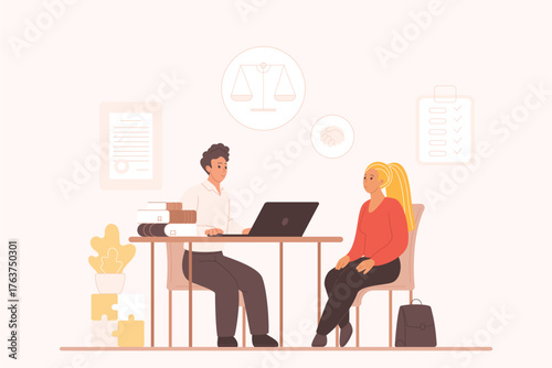 Legal advices, financial advisor or lawyer professional consultation. Male expert meeting with client in office to discuss business contract, investment or company finances cartoon vector illustration