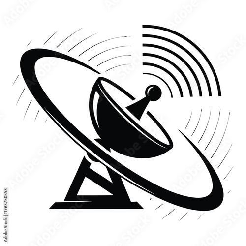 Professional satellite dish icon transmitting data in a modern black and white design showing global connection and communication networks worldwide