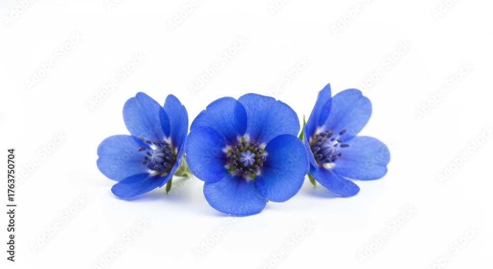 Obraz premium Three vibrant blue flowers arranged together on a clean, white background